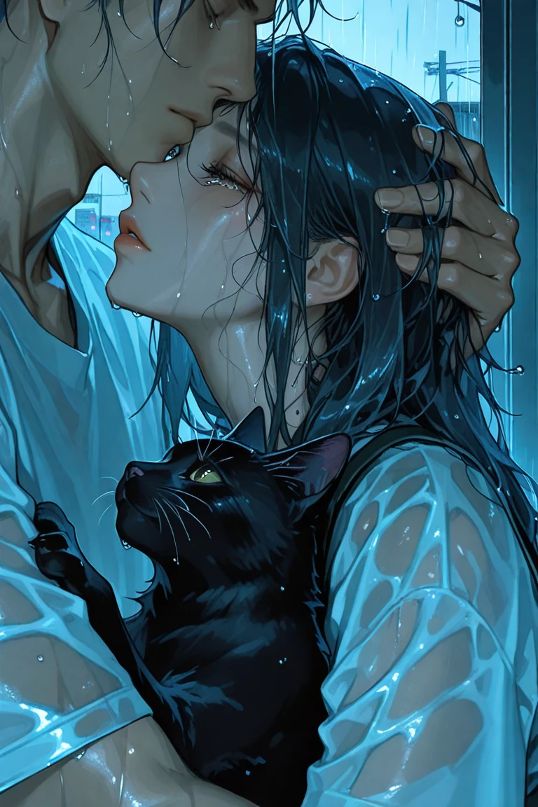 Two people, a man and a woman, rain, slightly better view, Scenery on a rainy day, The man is gently stroking the girl's head, The girl is hugging a man's chest and crying, wet hair, wet clothes, raindrops on his face, Rain dripping from hair,
High Quality, high resolution illustration, CG, masterpiece, Rain high quality, Cinematic and Dramatic, cinematic lighting, side angle, with a black cat next to it,