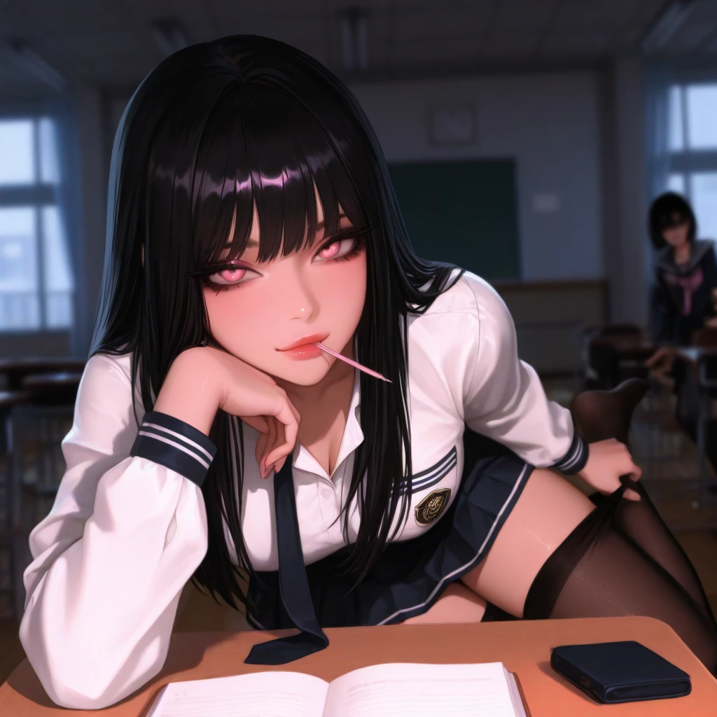 (((masterpiece,Highest Resolution,4K High Resolution,Crisp image quality:)Pussy juice(Detailed Hair,)(Inserting a dildo into a beautiful pussy)((Beautiful black hair teacher,Insurance Classes,Masturbation lesson:1.2)(Elderly woman:1.2)Beautiful big ,Beautiful nipples,blackboard,Pupil,Chalk,(It is attracting attention from students)Embarrassed and wide-open legs,Tight Skirt,blouse,lipstick,Pussy juice,(Masturbation filmed from a little below)