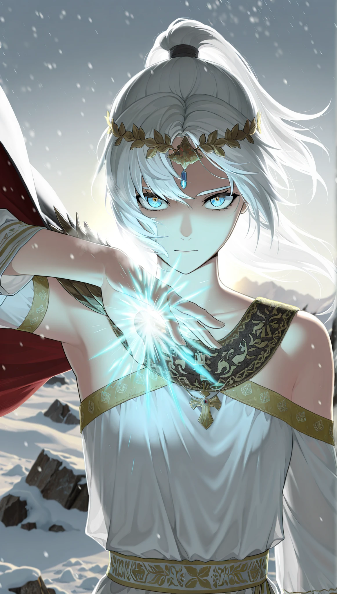 in the style of [arknights|(748cmstyle:0.5)], god rays, darkness, dark souls, dramatic lighting,cinematic shot, masterpiece, best quality, amazing quality, very aesthetic, high resolution, ultra-detailed, backlighting, backlit, dramatic, absurdres, scenery, roman clothes,
1girl, mature, youthful, solo, upper body focus, closeup shot, portrait, turning her head, side eye, looking over her shoulder, looking at viewer, (dynamic pose:1.5), flat chest, white hair, blue eyes, ponytail, golden circlet, crystal eyes, white clothes, (ukrainian clothes:1.33), bare shoulders, white dress, shoulder cape, one sided cape, snow, Greco Roman clothes, greek clothes, ice magic,

 