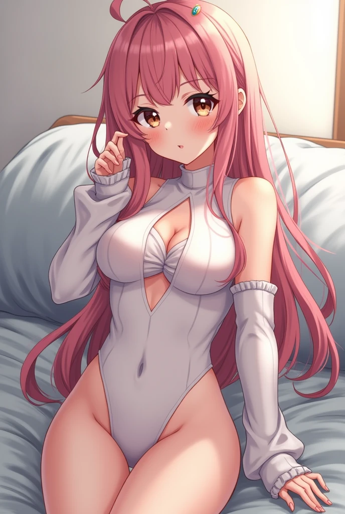 Sexy anime girl with big boobs and big booty in the bed cat girl nurse open legs