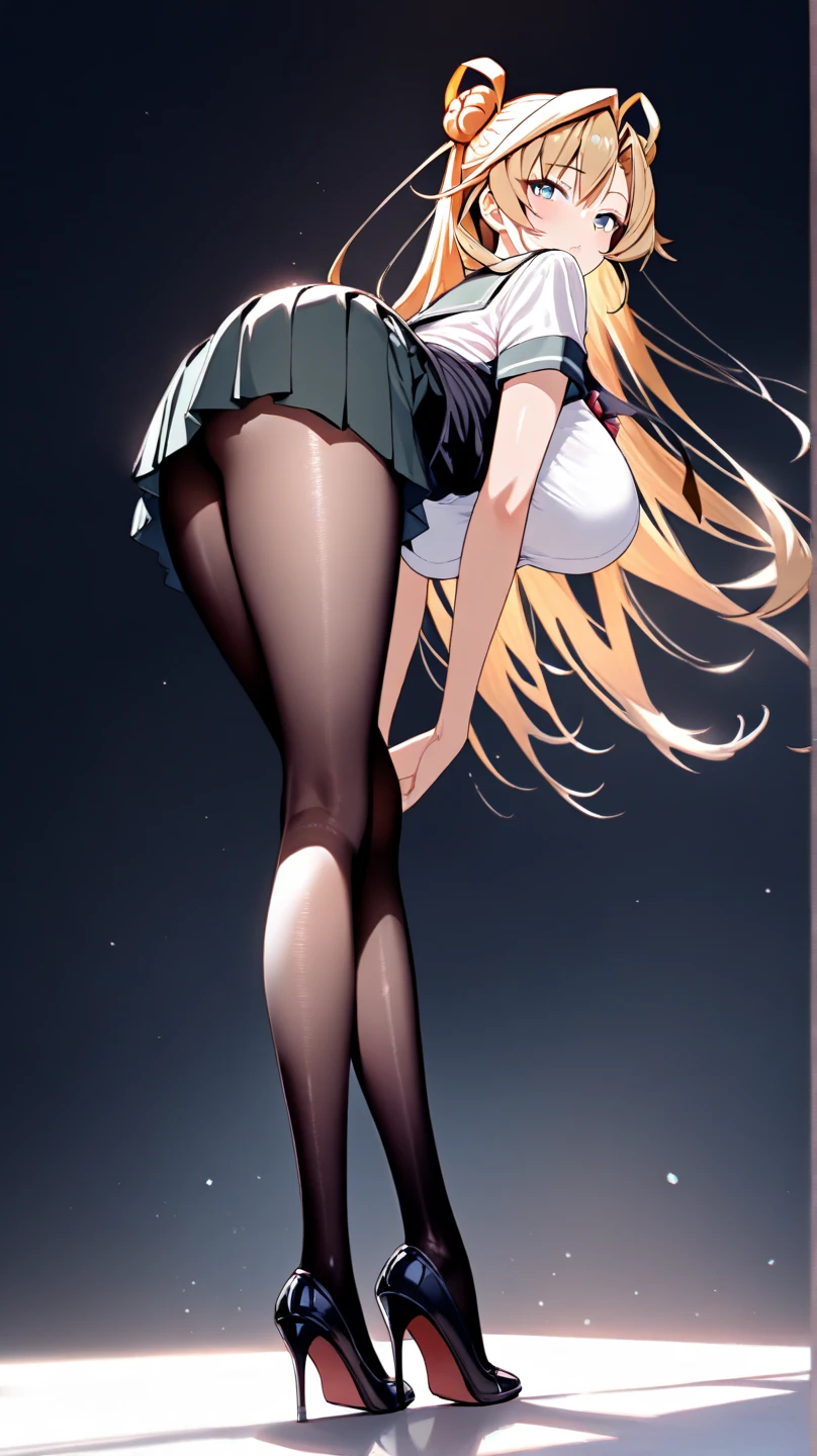 American shot, high quality, beautiful women with slim build, current cheerleader style, very young woman, back facing camera , (From below:1.3), bubbly ass, round buttocks, wide hips, big ass, triple D cup breasts, symmetrical face and pretty eyes, wears a very short miniskirt half the length of normal and no underwear below, sports top exposed in center, legs open with thigh high stockings, intricate details, left rear sun lighting, rear side view