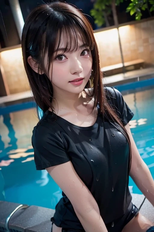The girl wearing a black football shirt was soaked in water but she was tied to her chest with rope but smiled sweetly

