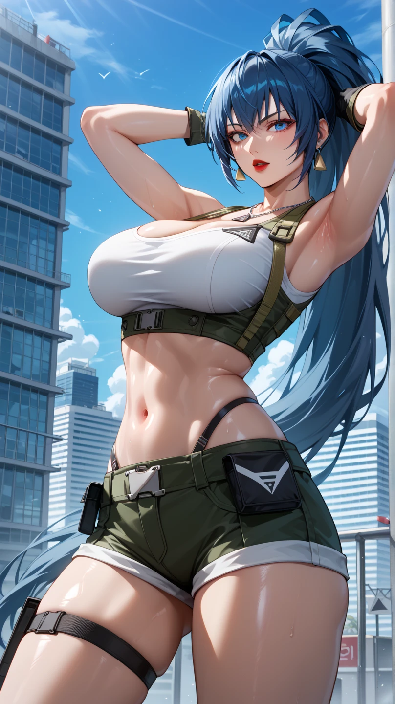 ((leona heidern from king of fighters series)) (beautiful face)(big glowing blue eyes)(red lips) ((very long thick hair))((blue hair))((high pony tail with bangs hairstyle)) ((very huge breasts) (perfect slim body) ((wears black short tank top, short military pants)), (black gloves), (posing sexy on aircraft carrier) (high definition, amazing lights and shadows) ((masterpiece)) (8k) (perfect face) (ultra details) (perfect hands, eyes, and face)