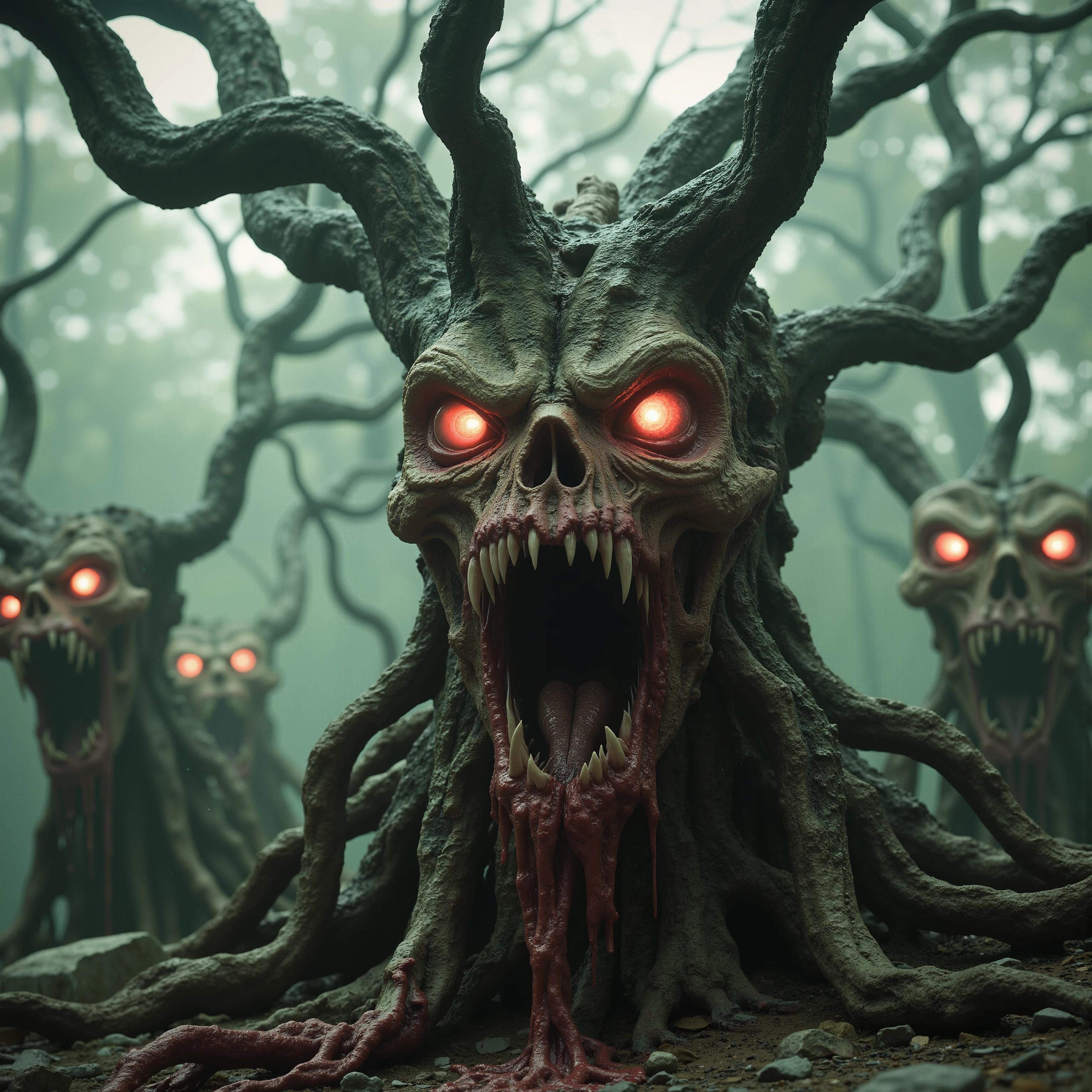 In a misty, ethereal forest setting, the foreground is dominated by a terrifying tree with a ghoulishly skeletal face. The tree has large, predatory eyes glowing with a fiery red intensity, suggesting an otherworldly power. Its bark is transforming skin with an intricate texture, accentuated by long, sinewy tendrils of twisted roots like vines that form part of its visage and body. The mouth is open wide, revealing sharp, menacing fangs, from which gallons of blood drips, adding to the grotesque appearance. Surrounding the central figure are several similar entities, each with equally fierce expressions, set against a backdrop of crooked, leafless trees shrouded in mist. The eerie lighting and the harmonious, muted green and earthy tones of the forest contrast with the vivid red elements, creating a chilling, unsettling atmosphere. 8k, ultra-realistic, hyperrealistic, startling, stunning, cinematic photography, creatures in the woods, scary color art in 4 k, hyper realistic fantasy tree monster, horror cgi, hyperrealism. fantasy 4k, scary creatures in background, scary monsters, strange alien forest, quixel megascans, hyperrealistic d & d fantasy art, epic surrealism, 8k, oil painting