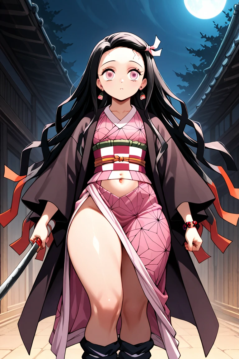 Score_9, Score_8_up, Score_7_up, Score_6_up, teenager, anime_source, (kimetsu_no_yaiba), nezuko, {{ small breasts}}, wide hips, curves, straight hair, long hair, black_hair, pink eyes, kimono, raosa_kimono, ahori_blanco, discover_works, kimono with horn flower print, standing, cleavage, looking at viewer, super high leg, smile, tattoos, tajes_arms, full body view, sandals, white stockings,