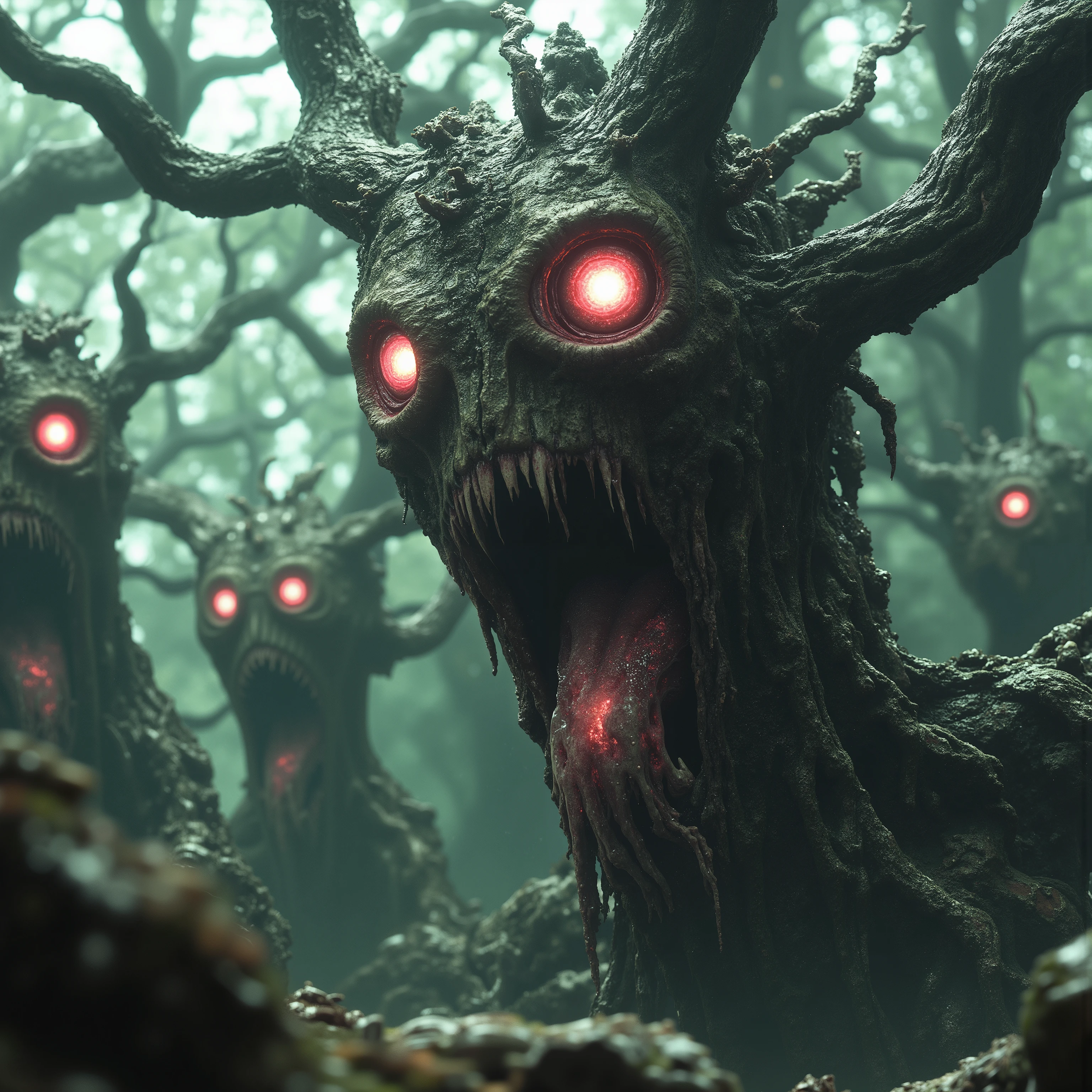 In a misty, ethereal forest setting, the foreground is dominated by a terrifying tree with a ghoulishly skeletal face. The tree has large, predatory eyes glowing with a fiery red intensity, suggesting an otherworldly power. Its bark is transforming skin with an intricate texture, accentuated by long, sinewy tendrils of twisted roots like vines that form part of its visage and body. The mouth is open wide, revealing sharp, menacing fangs, from which gallons of blood drips, adding to the grotesque appearance. Surrounding the central figure are several similar entities, each with equally fierce expressions, set against a backdrop of crooked, leafless trees shrouded in mist. The eerie lighting and the harmonious, muted green and earthy tones of the forest contrast with the vivid red elements, creating a chilling, unsettling atmosphere. 8k, ultra-realistic, hyperrealistic, startling, stunning, cinematic photography, creatures in the woods, scary color art in 4 k, hyper realistic fantasy tree monster, horror cgi, hyperrealism. fantasy 4k, scary creatures in background, scary monsters, strange alien forest, quixel megascans, hyperrealistic d & d fantasy art, epic surrealism, 8k, oil painting
