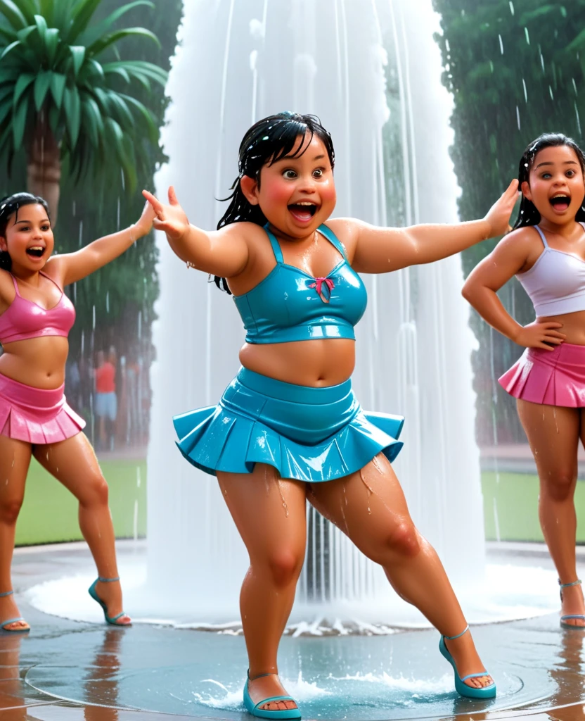 several girls in swimsuits are in line with a Mickey Mouse mascot, princesa em primeiro plano, uhd foto sincera de sujo, young swimsuit model, olhando para a esquerda, Children, garotinha olhando, tiro sincero, is wearing a swimsuit, facing away from the camera, olhando o ombro dela, photo from behind, ao lado de uma piscina, close-up from behind