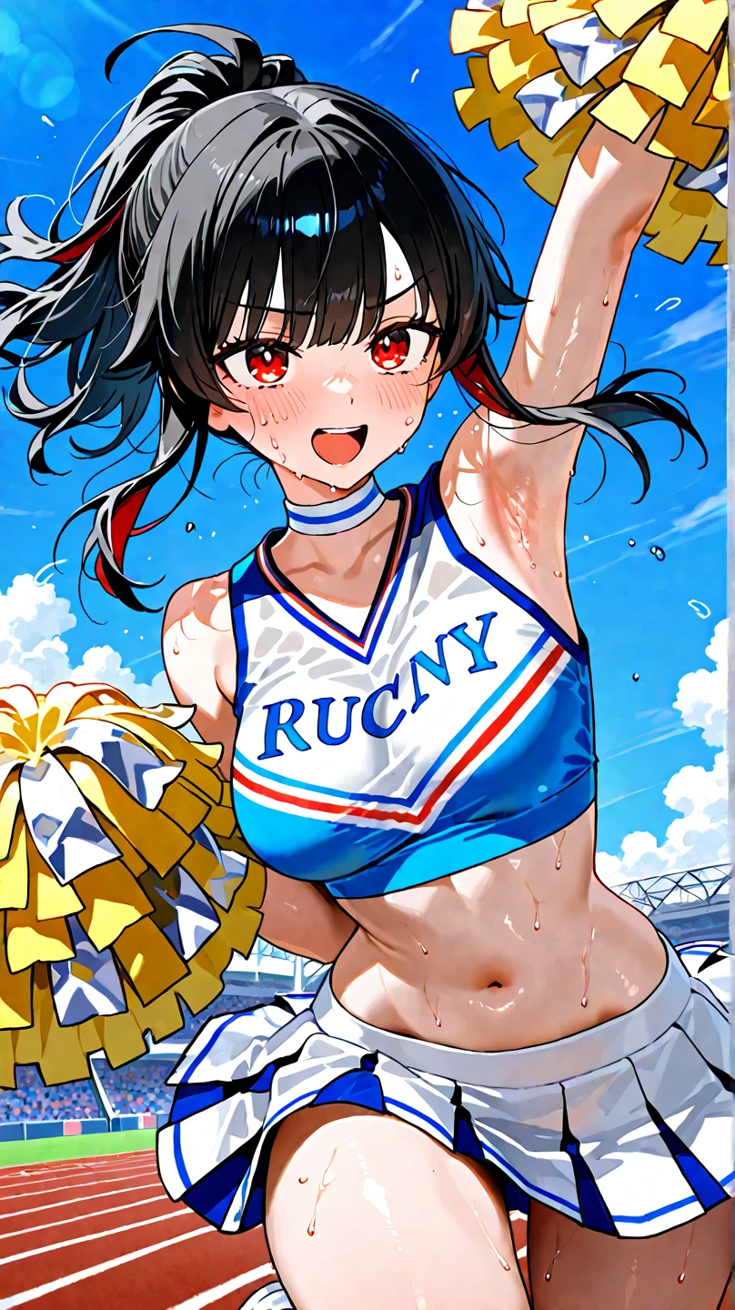 Panty drop:1.5,Clothing with tiger printed on it,tubetops,Underboobs,ponytail,cheerleader, stadium, team spirit, pom-poms, enthusiastic, energetic, crowd, uniform, sports event, cheering, colorful, dynamic pose, happy, vibrant, teamwork, celebration, night game, lights, action