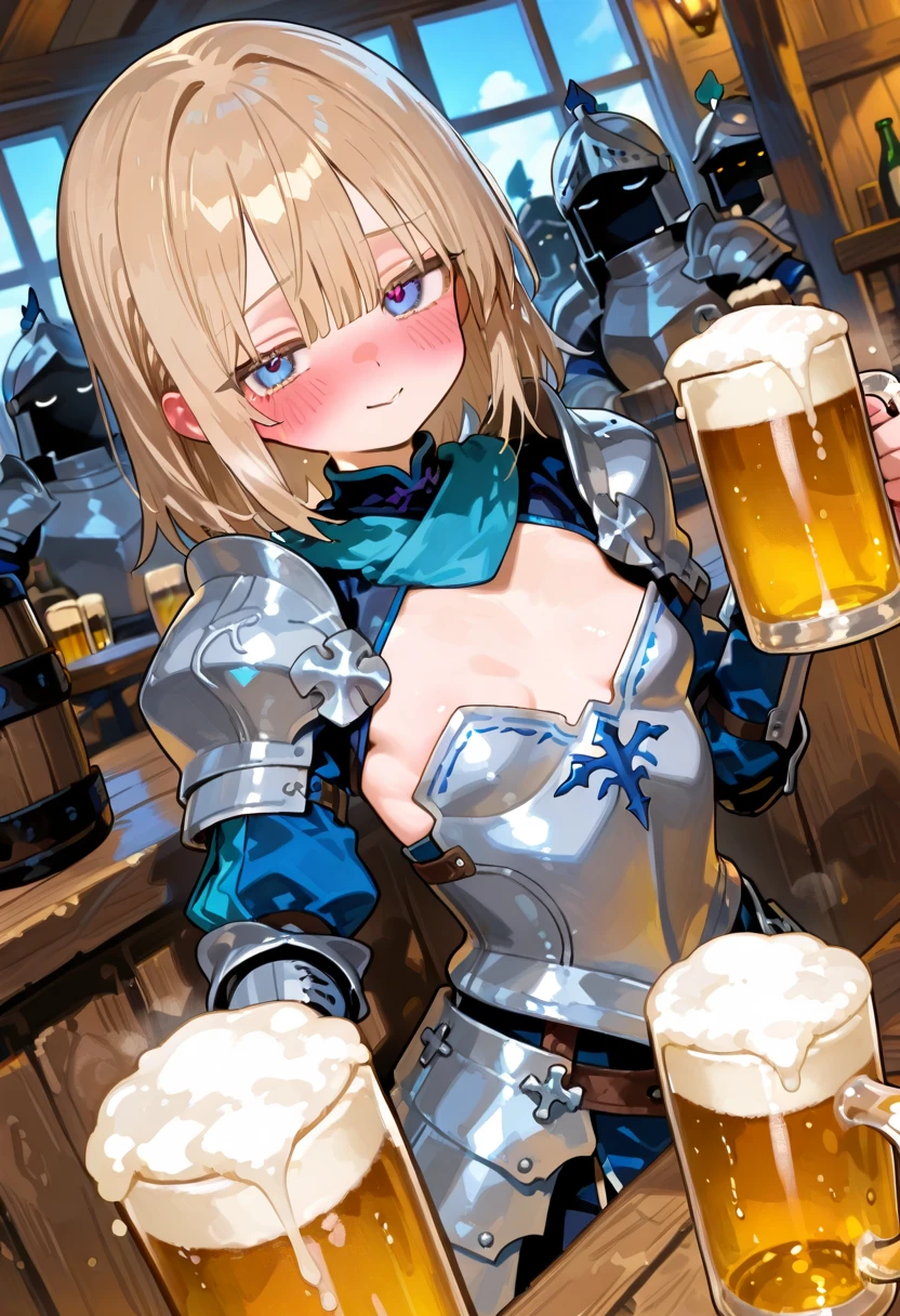 LeinaQuiron woman, breasts, blush, blue eyes, blonde hair, large breasts, cleavage, braid, hairband, armor, twin braids, side braid, short hair with long locks, buckle, shield BREAK (masterpiece, best quality:1.3), 4k, ultra-detailed, trending in pixiv, detailed background, detailed eyes, BREAK (in a bar, surrounded by people:1.4), BREAK (cowboy shot, drunk, holding beer mug, raising mug, happy smile, ^ ^:1.3), (light particles:1.2), (sweat, shiny skin:1.3)