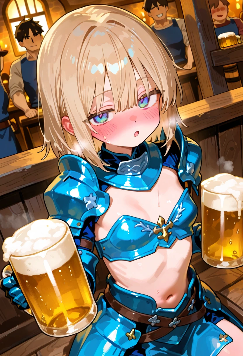 LeinaQuiron woman, breasts, blush, blue eyes, blonde hair, large breasts, cleavage, braid, hairband, armor, twin braids, side braid, short hair with long locks, buckle, shield BREAK (masterpiece, best quality:1.3), 4k, ultra-detailed, trending in pixiv, detailed background, detailed eyes, BREAK (in a medieval bar, surrounded by people:1.4), BREAK (cowboy shot, drunk, holding beer mug, raising mug, happy smile, ^ ^, closed eyes, :d:1.3), (light particles:1.2), (sweat, shiny skin:1.3)