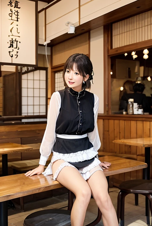 (best quality, Super detailed, masterpiece:1.2), 1 female, full body shot, shot from behind, very thin body, long and thin legs, black short hair, thick and fluffy bangs, highly detailed face, cosmetics free, small and thin nose, small thin mouth, very sharp focused eyes, Japanese, beautiful face, realistic eyes, fine and beautiful eyes, real looking skin, beautiful skin, charm, (lifelike face), beautiful hairstyle, Beautiful dress, design , spooky and unique hairstyle, high image quality, vibrant color palette, mysterious and strange cityscapes, fantastic locations, Tim Burton's signature dark shadows and bizarre details, BAR,バーカウンターに座る,acrobatic poses
