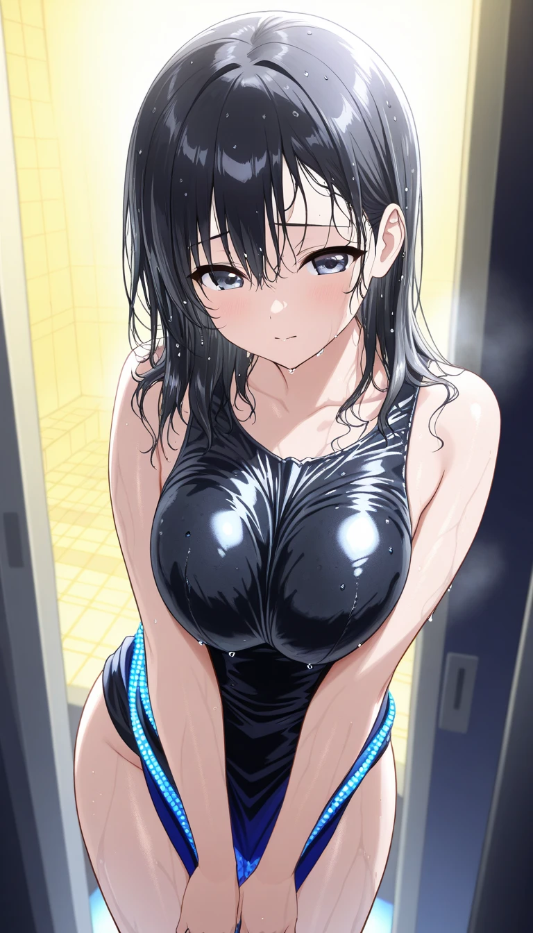 (solo:2, 18 yo straight black hair long hair cool dominance girl, sexy red eyes, cute open mouth, glossy lips, ecstasy smile, big tits), (in a detailed sexy Cross tube top:1.3 swimsuit), break, in the castle Dressing room, BREAK, perfect anatomy, masterpiece, best quality, 16k, beautiful detailed grow, daydreaming expression.