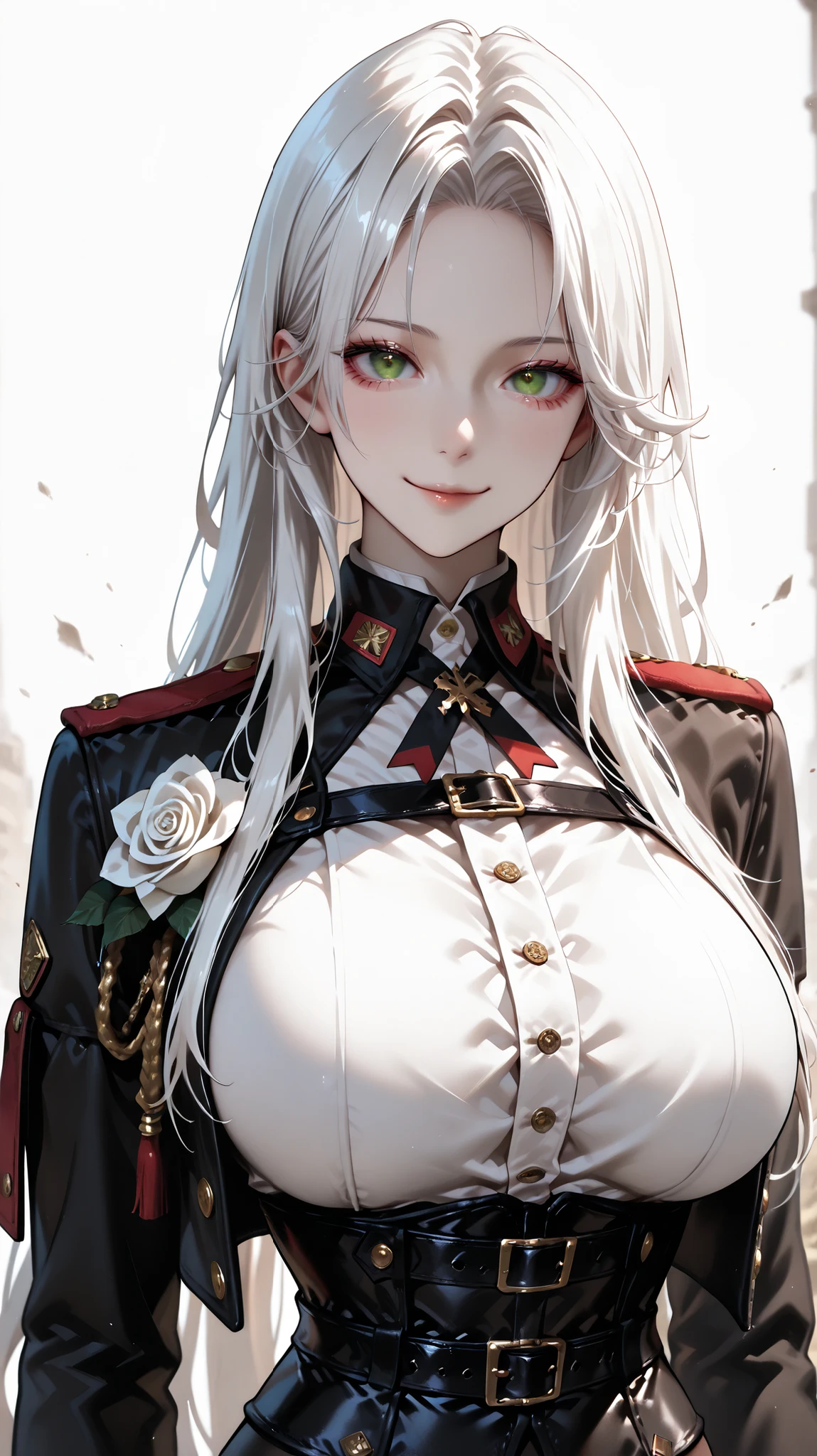 masterpiece, best quality, vibrant, very aesthetic, high contrast, semrealistic, newest, koreanai, best_quality, finely_detailed_eyes_and_detailed_face, (1 girl), solo, long_hair, straight_hair, no bangs, forehead exposed, green_eyes, humongous_breasts, huge_breasts, BREAK, black_military_jacket, gold_trim, white_layered_cravat_with_long_lace, shoulder_epaulettes, white_rose_corsage_on_left_chest, tight_waist_jacket, black_corset, leather_underbust_corset, tight_waist_corset, decorative_corset_belt, asymmetric_white_sash , black_shorts, gold_edge_trim, (fishnet_stockings), high_waisted_corset, fingerless_gloves, BREAK, expedition_uniform, gothic_military_style, fantasy_commander, victorian_inspired_outfit, ornate_fantasy_clothing, BREAK, looking_at_viewer, BREAK, BREAK, looking at viewer, smile, standing, BREAK, white_background, dynamic_angle, face_focus, close-up face, portrait, white_hair