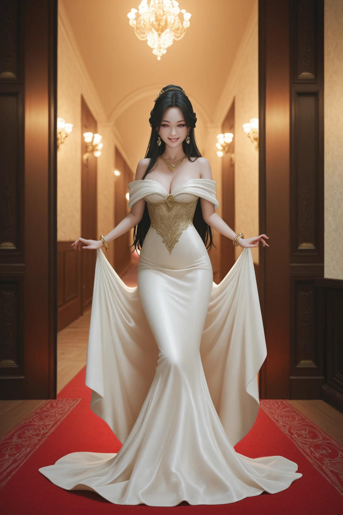 Beautiful Asian woman, short wavy black hair, wearing glasses and wedding dress. Sitting spreading legs wide open, lifting dress up. Smiling
