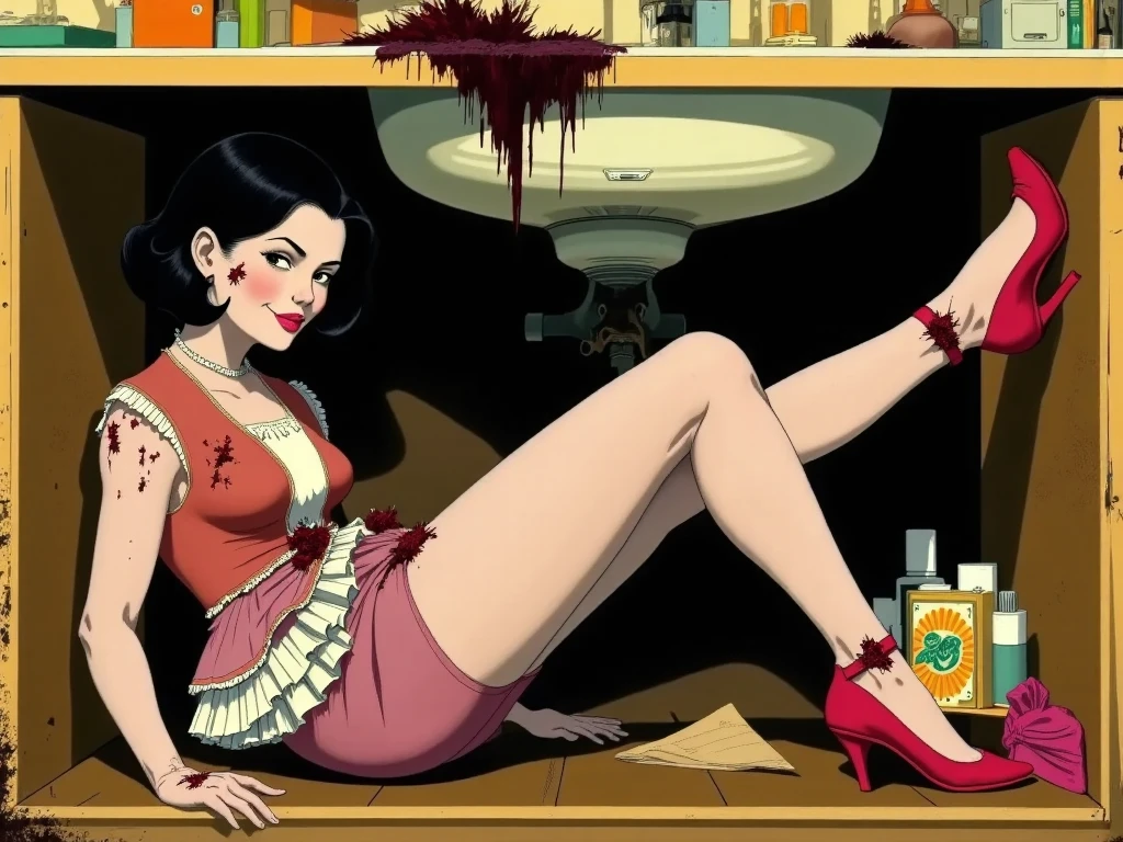 "A stunning portrait, vibrant in color, with striking expression, that captures the essence of a woman with a demon's face, and teeth and a big mouth, dressed in a red dress