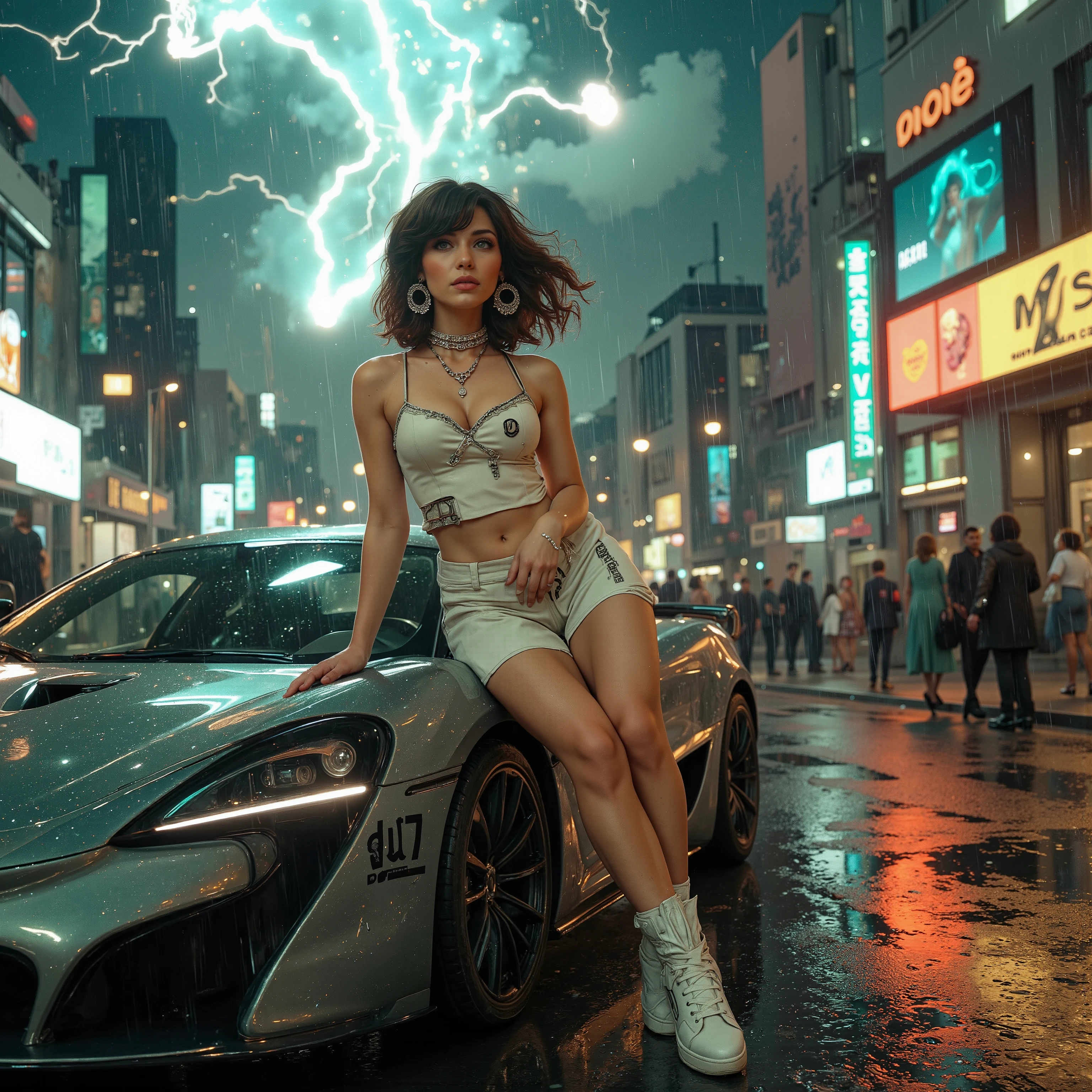 A cyberpunk bride is standing completely drenched, leaning on a sci-fi cyberpunk sports car with the letterings "DD Powered" and "v7" , at a cyberpunk city's night, during a powerful thunderstorm with heavy rain. She wears a futuristic outfit adorned in neon and rich and intricate detailed filigree jewellery. highly defined body, highly defined muscles, extremely detailed realistic natural skin with skin pores, tanned skin, glimmering skin, perfect anatomy, perfect hands, perfect eyes, perfect feet, ultra detailed body, ultra detailed face, ultra detailed feet, ultra detailed hands, ultra detailed eyes. wind, horizon, sharp light and shadows, neon lights, sci-fi, cyberpunk, cityscape, panorama. A cinematic award-winning masterpiece with painstaking attention to details. photorealistic, DSLR, 16k, UHD, HDR, ray-tracing.