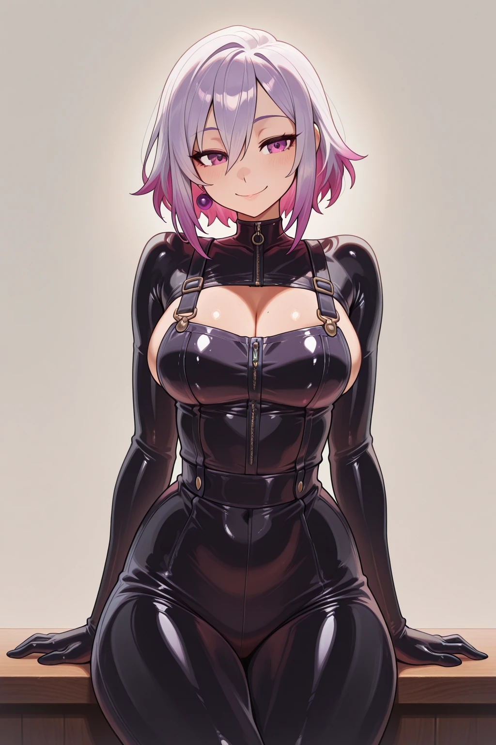 90s style, Dark fantasy anime illustration of a (Mature MILF BIMBO Dark Elf with gray skin and short white hair), (Upper part of the body) Perfect face, wearing tight-fitting leather stealth armor, stalking his victim in DAYLIGHT, ambient light, dark and moody, retro style, Large knocker neckline, lustful blushing smile red blush red cheeks, chain strap, down on my knees, shackles, black collar leather slave, ((black background))