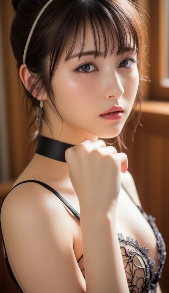 ((​masterpiece:1.4)、(top-quality:1.4)、(reallistic:1.7))、masuter piece:1.4、Super realism of a beautiful girl、Kawaii Girl、Portrait photos、Close-up photos、Upper body photography、beautiful countenance、beautidful eyes、bright expression、Be curious、photographed_Norinobu Shinoyama、Bright studio shooting、Coco Chanel costumes、Narrow waist、Beautiful udder、large full breasts:1.2、poneyTail、Raw photo、red-lips、hair adornments:1.2、a choker:1.4、a necklace:1.4、耳Nipple Ring:1.4、1 screen display、