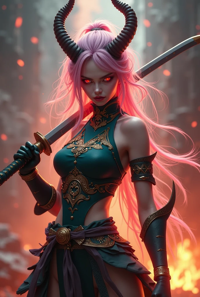 Beautiful Final Fantasy Lightning-like wounded Japanese female warrior in fighting pose