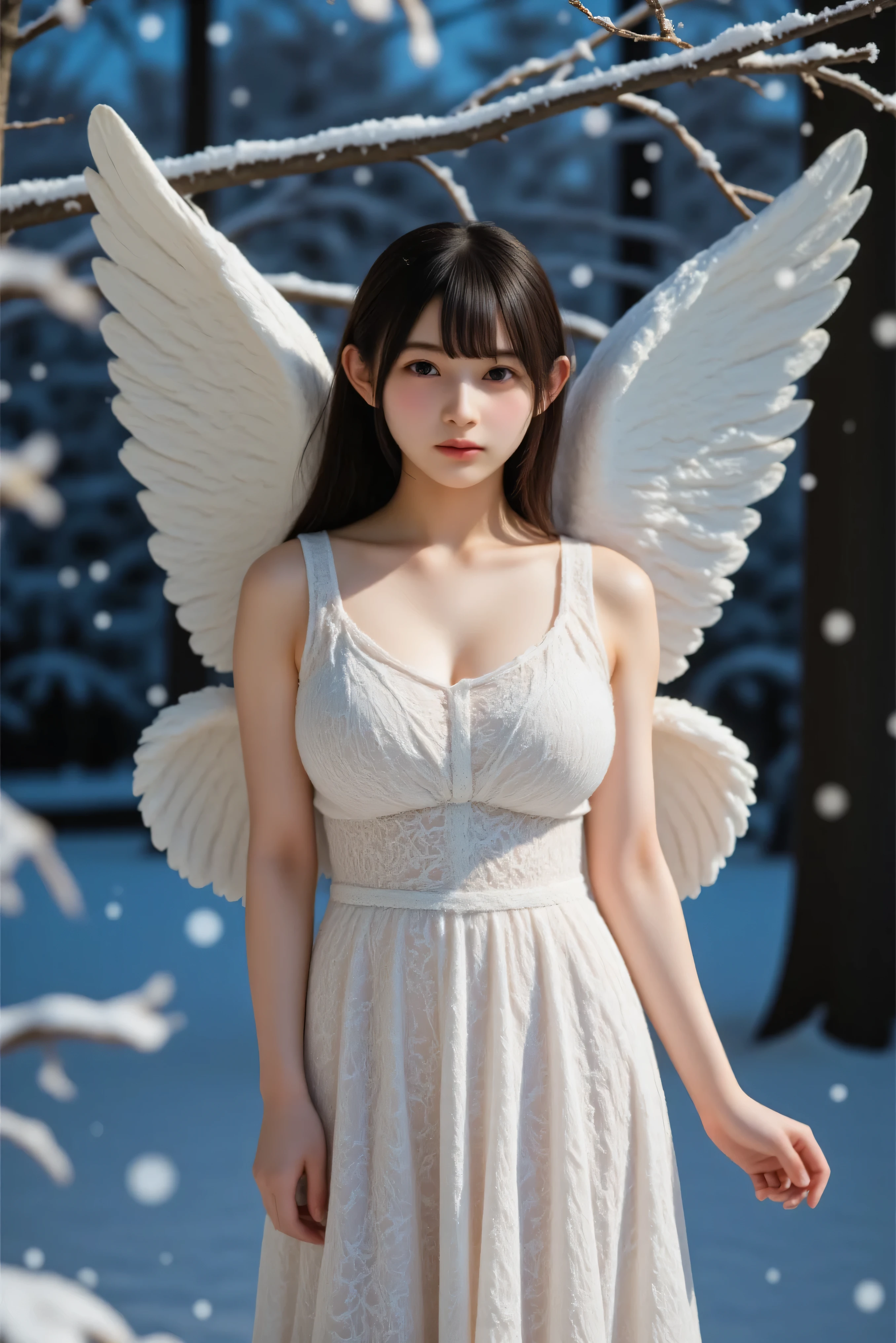high resolution, best quality, masterpiece, ultra high definition, ultra high definition, ultra realistic, 3d, solo, very beautiful and cute woman in her twenties, she wears a light white floral miniskirt length dress and flutters her wings, her hair is moving, full body, wonderful perfect proportions, shiny light brown medium hair, high layer cut, mullet hairstyle, bright blue eyes, happy, shy