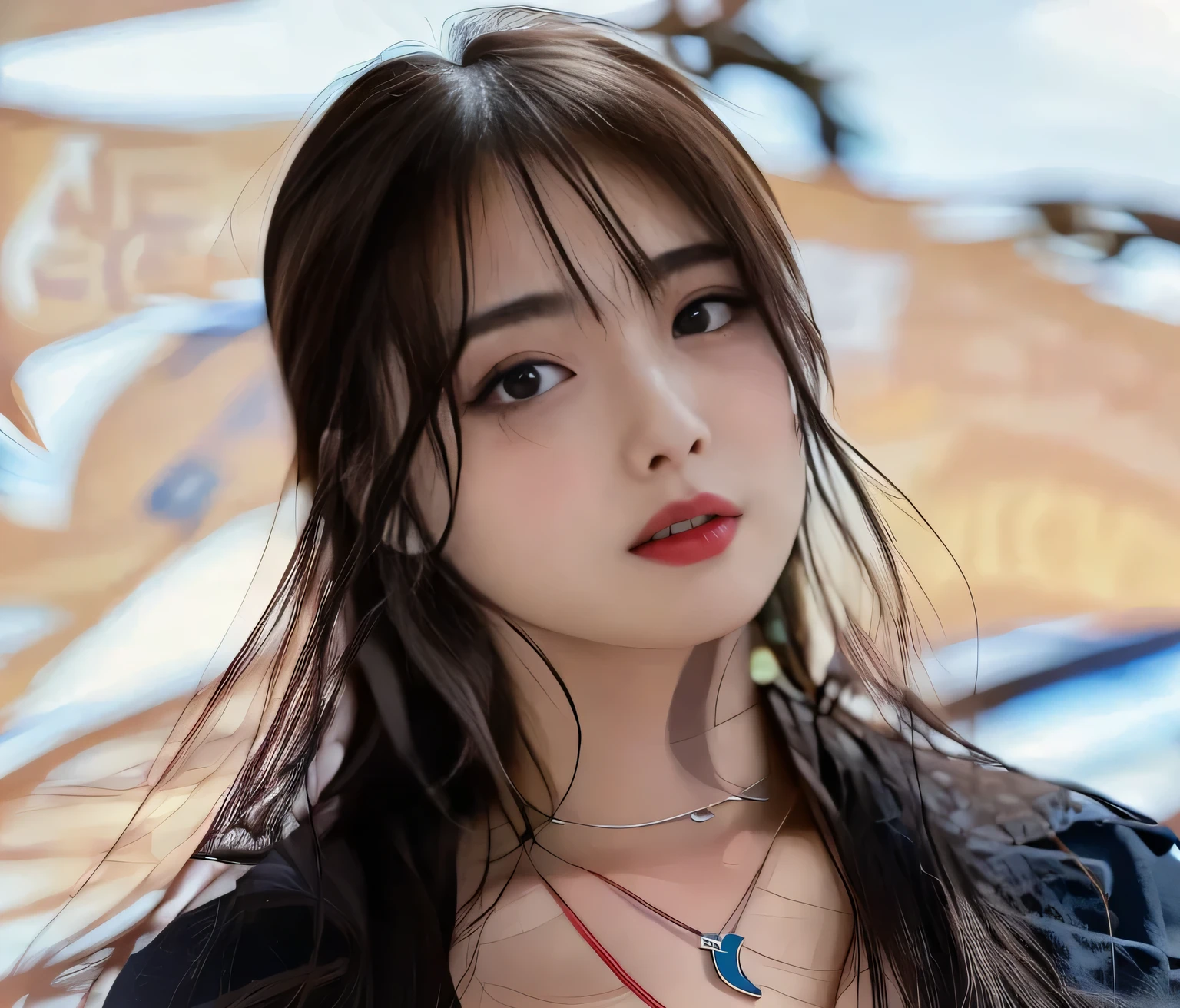 There is a girls wearing a blue Bra and a necklace, young adorable Korean face, {{{{Big double eyelids: Mascara{}},Korean Symmetrical Face , Young cute face, Young and cute asian face, round face, Korean facial features , realistic. Chen Yi, realistic beautiful face, The skin is light brown , Korean, kawaii realistic portrait, One Adorable Korean Face, 8000 yen photo