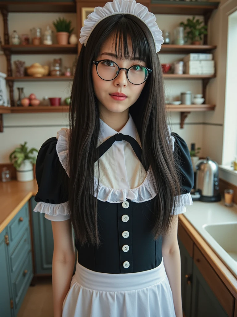 Portrait of a twintail black hair woman,glasses, slight smile,pink lips,green eyes,only wearing apron, sharp focus, no shirt, hd, ultra hd, 16k