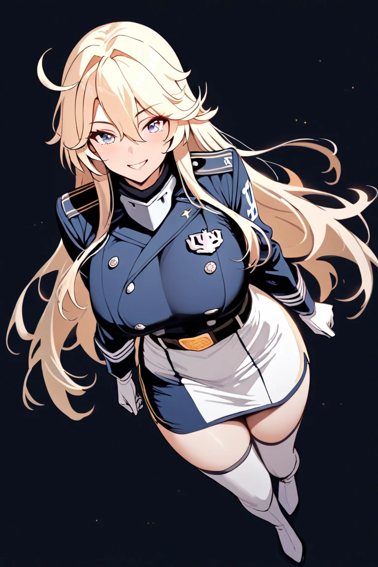 elf, elf ears,dull blonde hair,long hair,brown eyes,kind eyes,round eyes,drooping eyes,large breasts,navy uniform,Micro mini skirt,tights