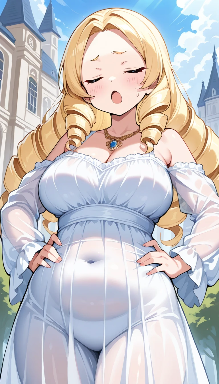 heavenly beautiful tall mom with long blonde hair, blue eyes, long white dress, cute smile, 19 years old, large breasts, triple D cup breasts, round buttocks, bubbly buttocks, wide hips, bubbly ass,