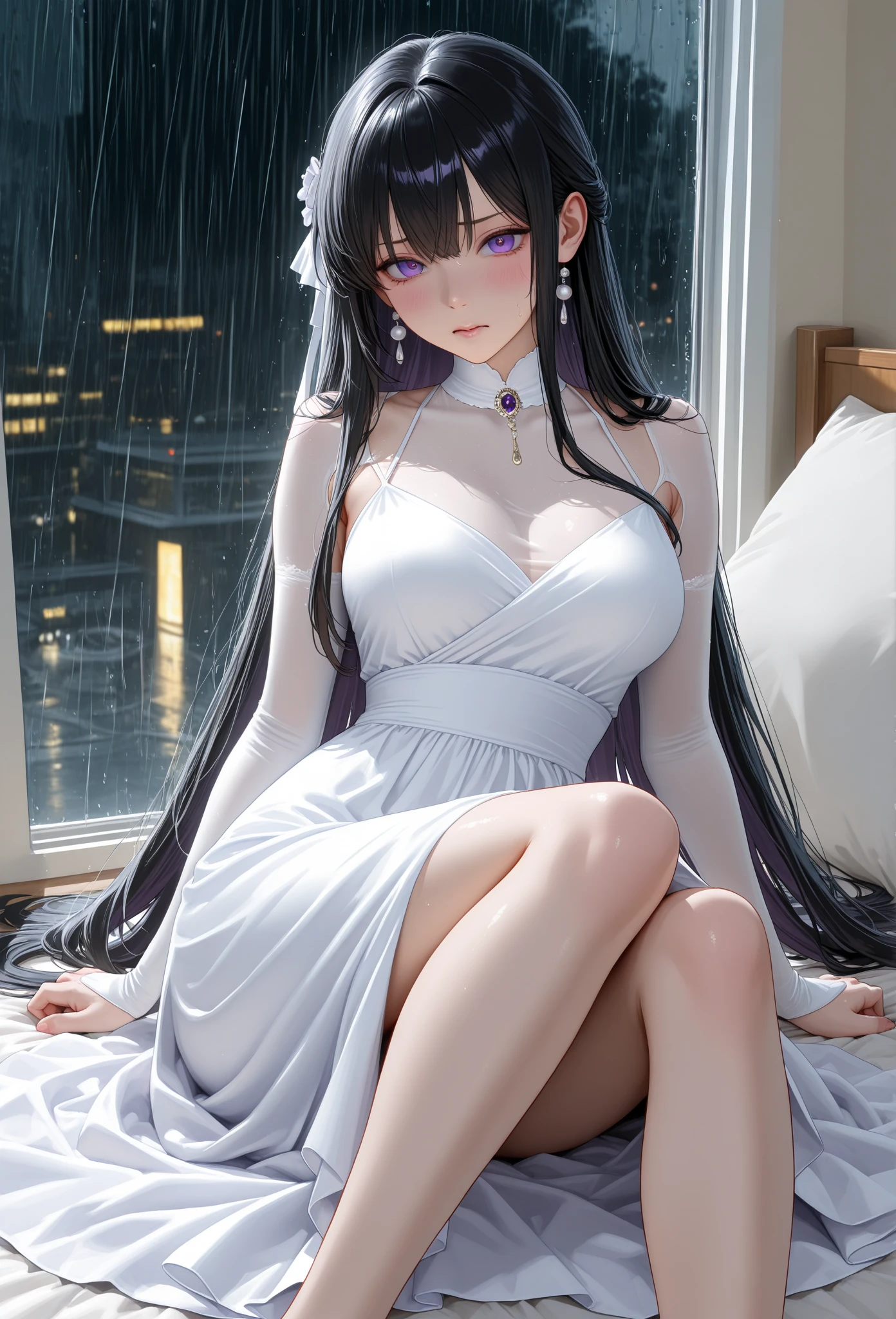 ((((masterpiece, best quality, high resolution)))), (1girl:1.5), ((long silky hair, silver hair, yellow eyes)), (average breasts:1.2), blush, (light smile, parted lips), glow, thighs, bare shoulders, collarbone, narrow waist, (slender body figure), cleavage, wide hips, (beautiful detailed face, beautiful detailed eyes), ((satin nightgown, thin material)), (lying flat on the bed:1.5), looking at viewer, nighttime, bedroom, ((cowboy shot))