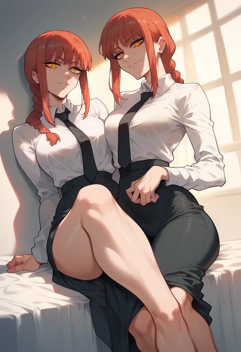 (Highest quality, High resolution), ((Two people)), ((makimacm44 gives sex to powercasual:1.4)), , (bukkake:1.4), futanari, sex, (Power, powercasual, cross-shaped pupils, blonde long hair, straight hair, red shirt, long sleeves, denim shorts), (makimacm44, ringed yellow eyes, red long hair, bangs, white shirt, sidelocks, black pants, braided ponytail, black necktie),nsfw