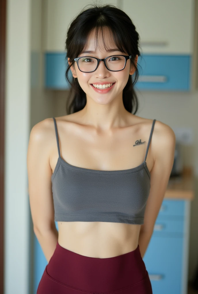 (Best quality)), ((Masterpiece)), ( very detailed), (realistically) perfect face, slender girl, Korean woman, 14 years, gray underwear, glasses, slim and thin body, small breasts, Smiling, Cute face