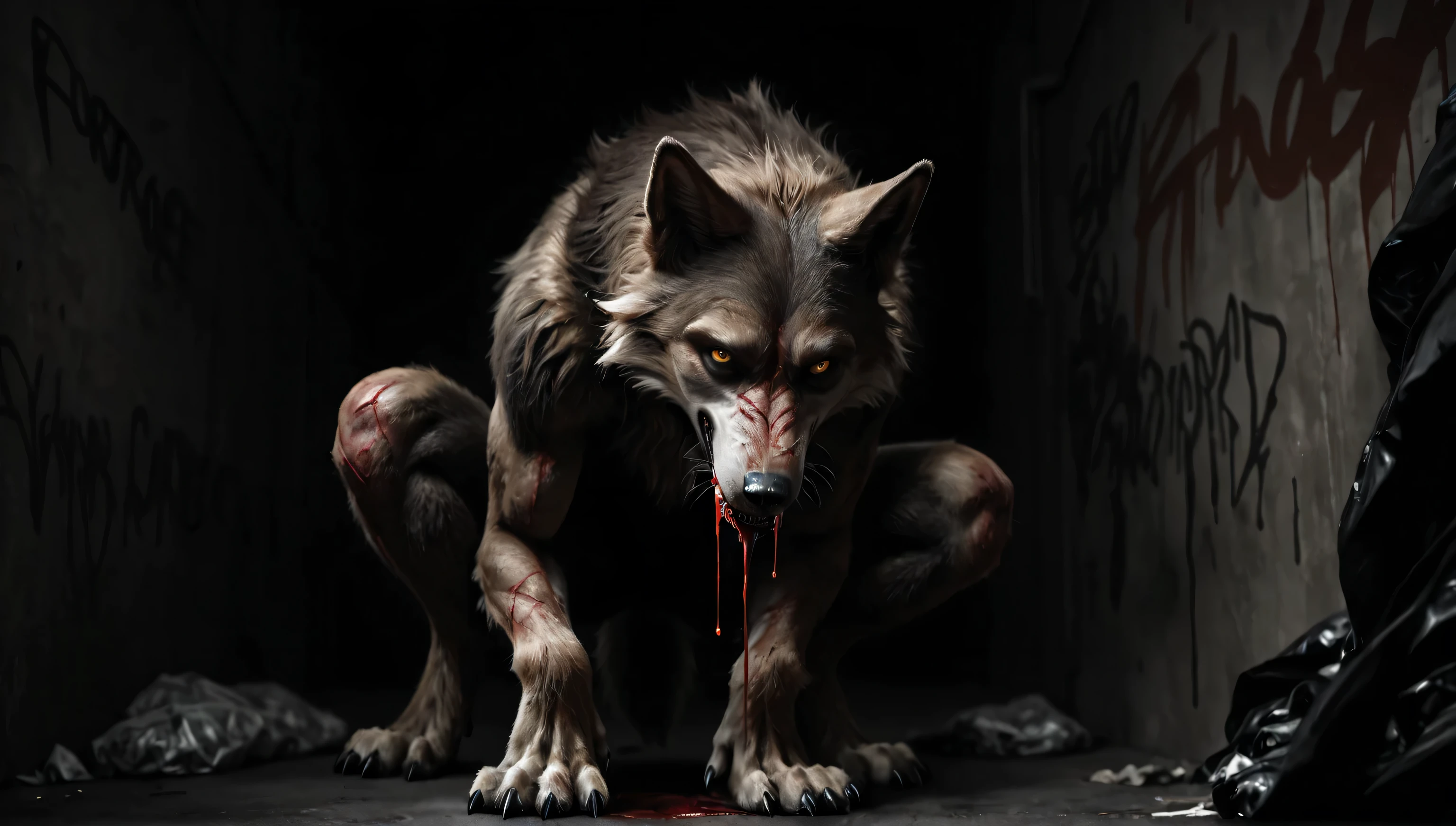 Pov:1.3, point of view:1.2, pov:1.1, paws to mouth, own body, wolf , human morfing into wolf, detailed blond fur, gradual brown fur, big animal toes, darkness, night dramatic, deep shades, city, corner, graffiti, trash around, tattered clothes, scraps, nsfw, scars, wound, scratched, scratch, dripping blood, blood arounds, blood from mouth, bleed scars, bled, Realistic, 4k, 8k, RAW, HDR, UHD, high resolution, hd, full colour, 4k, high definition, sharp focus, smooth, Professional, cinematic, extreme detail, description, masterpiece, best quality,