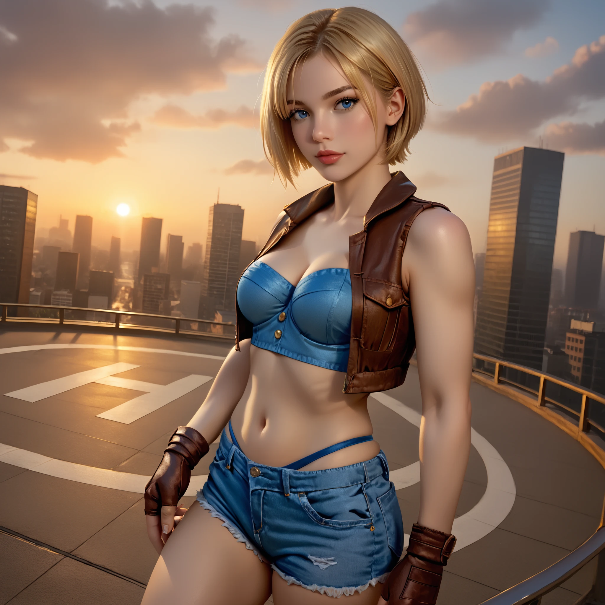 score_9, LuciaSFV, 1girl, short hair, blonde, blue denim sports bra, brown vest, brown fingerless gloves, short jeans, low-rise shorts, blue thong straps showing, sexy pose, sexy expression, helipad of a building, modern city, buildings, sunrise, dynamic angle, absurd, realistic, high quality, detailed