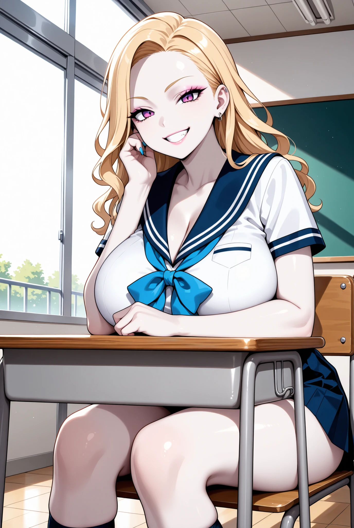 1girl, gyaru, pale skin, blonde hair, wavy hair, slender, voluptuous, summer sailor uniform, grin, white background, school, school desk, school chair, sitting
