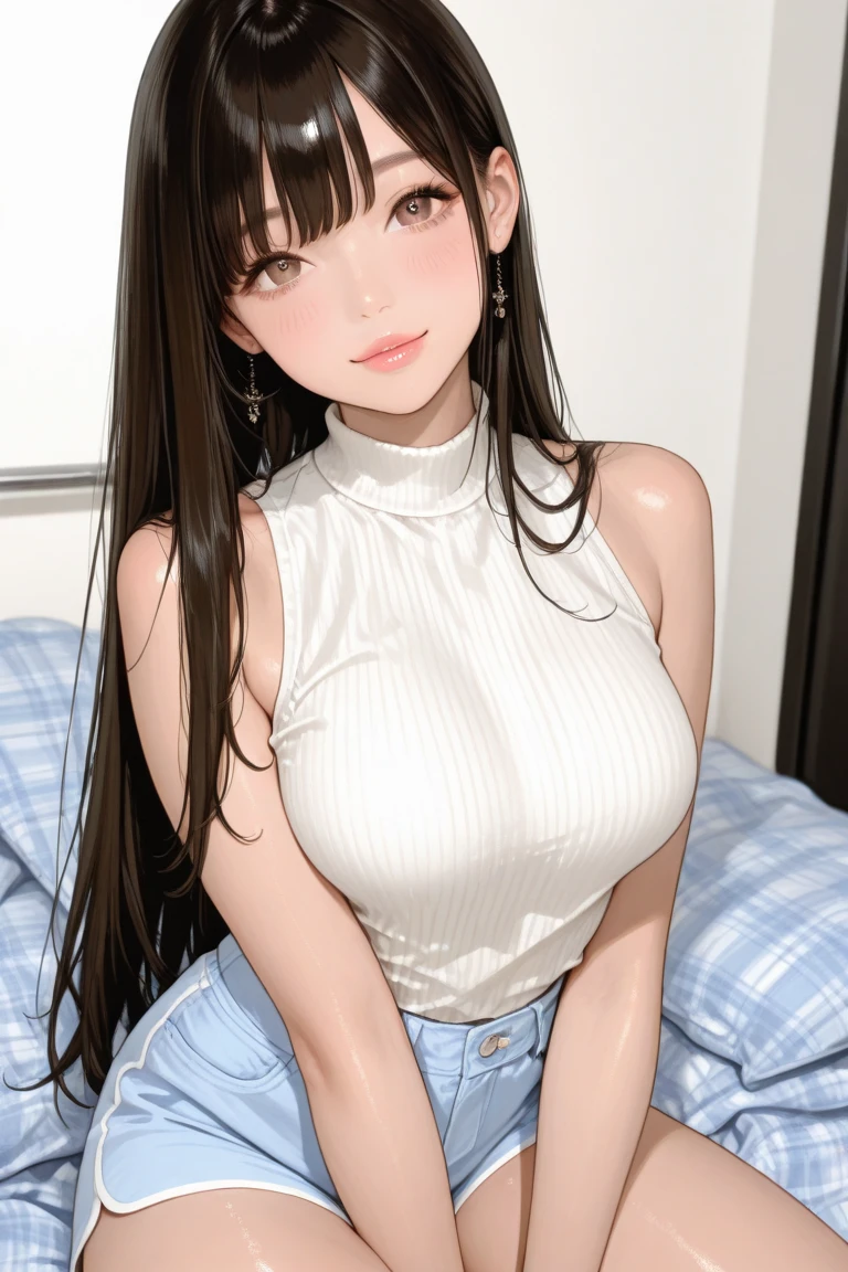masterpiece, best quality, Fukada Eimi, Eimi Fukada, brunette hair, curvy body, bedroom, casual clothes