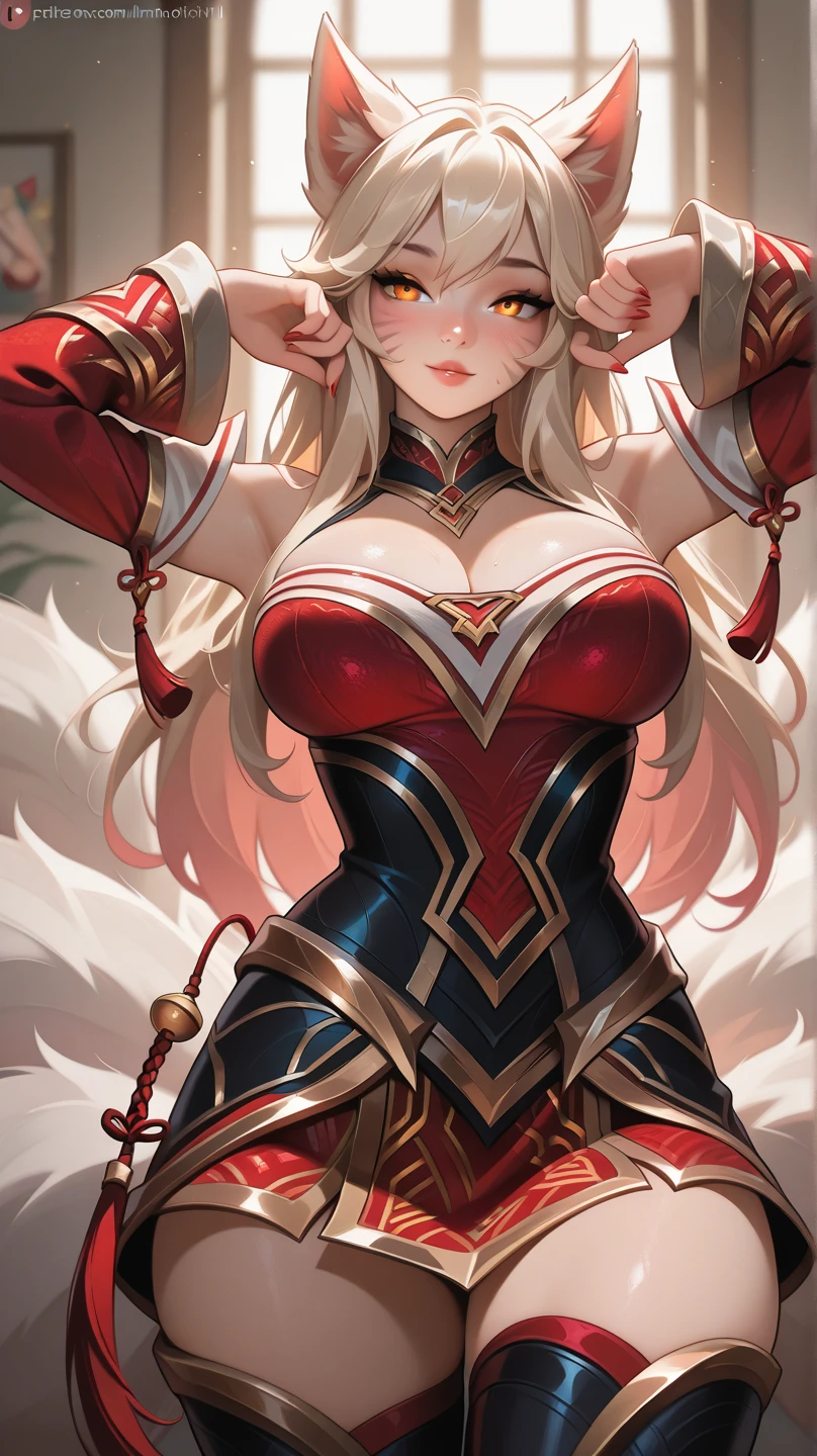 Lian, long white hair, hair stick, bangs, blue eyes, solo, smiling, standing, upper body, hips, bare shoulders,purple thighhighs, red dress, gold jewelry,armor,gloves,circlet, cleavage, red and gold royal castle, gigantic breasts, (best quality, masterpiece, beautiful and aesthetic:1.2, highest detailed face, perfect face,) eyes, perfect face,expressive eyes,
looking at viewer, in the center of the image,(Upper_body),(Focus on her face),
official art,extremely detailed CG unity 8k wallpaper, perfect lighting,Colorful, Bright_Front_face_Lighting,shiny skin,
(masterpiece:1.0),(best_quality:1.0), ultra high res,4K,ultra-detailed