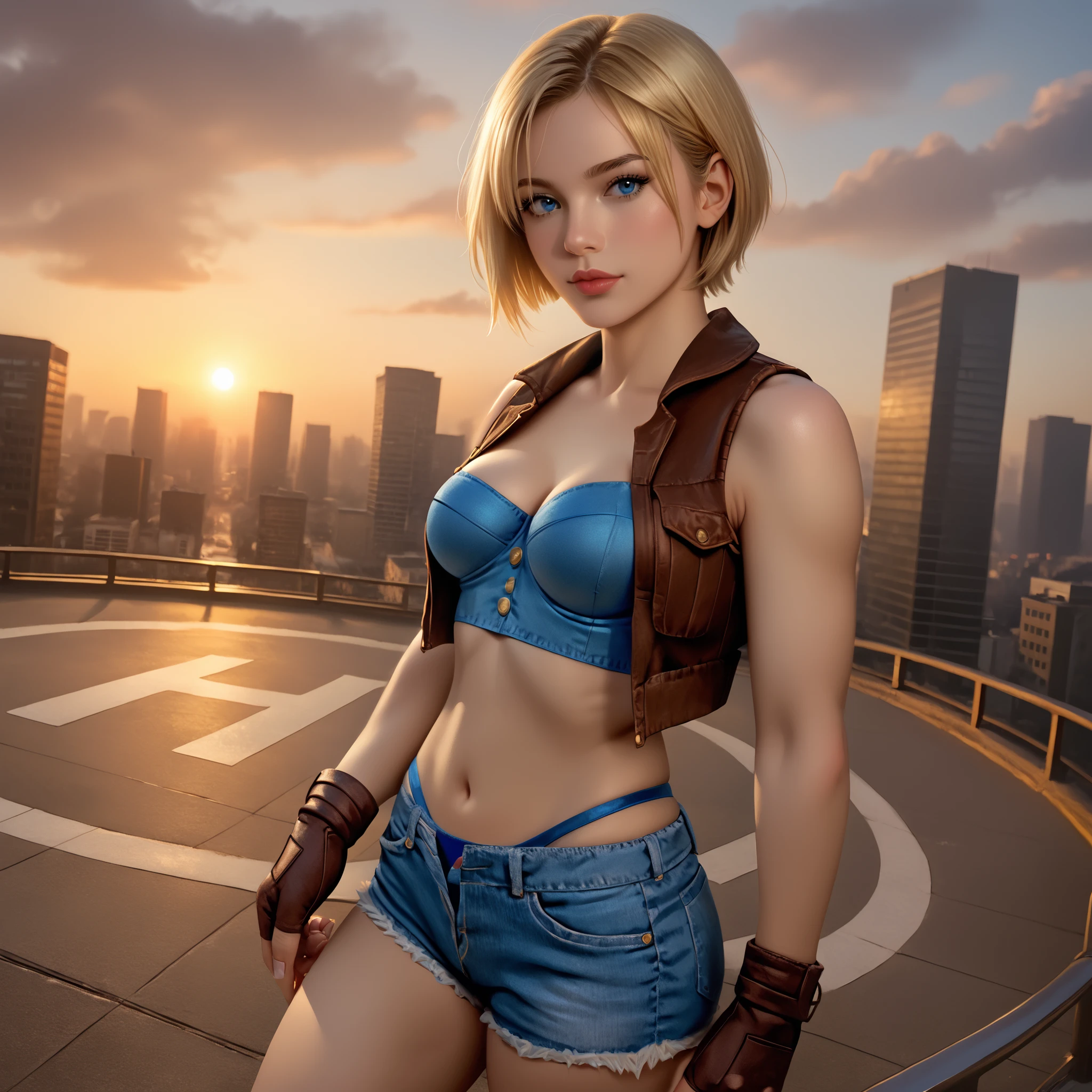 score_9, LuciaSFV, 1girl, short hair, blonde, blue denim sports bra, brown vest, brown fingerless gloves, short jeans, low-rise shorts, blue thong straps showing, sexy pose, sexy expression, helipad of a building, modern city, buildings, sunrise, dynamic angle, absurd, realistic, high quality, detailed