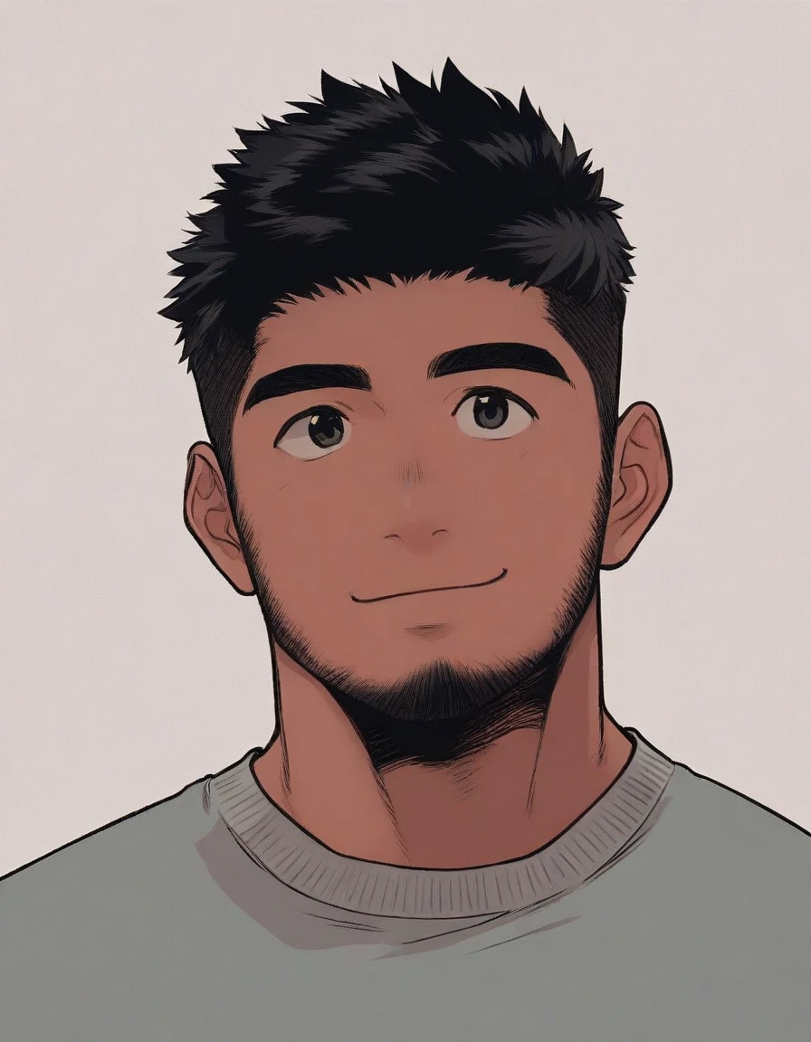 A cute 20 years old latin man , rough dry face skin , full body view, black short beard, short hair, anime
