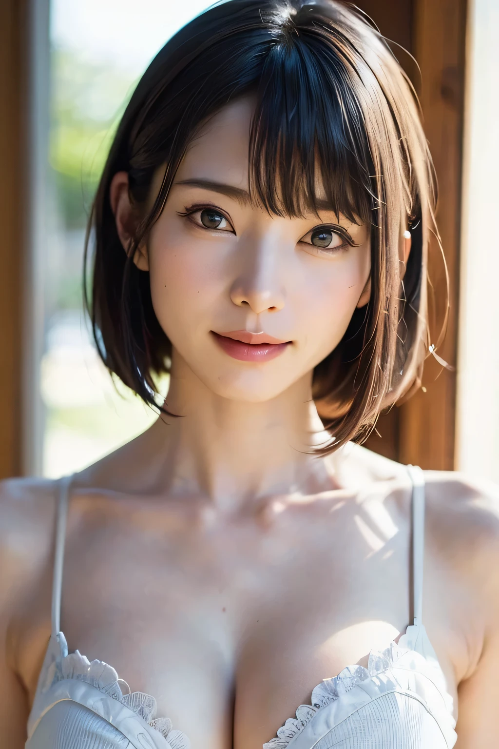 (masterpiece, highest quality),1 girl, alone, scarf, have, realistic, realistic, looking at the viewer, light colored black eyes, Brunette short bob hair with highly detailed shiny hair, Winter clothes, Whity, lips, bangs, outdoor, closed mouth, Upper body、Big eyes、eyelash、((There&#39;There&#39;There&#39;There&#39;There&#39;There&#39;There&#39;s really no background、really pure white background))、(((bangsのあるショートヘア、Big eyes、big and full chest、look at the audience、beautiful beauty、show me your ears、long neck、smile、please close your mouth and smile)))、ideal body proportions、（Tree-lined avenues in the winter wilderness of England）、{Huge|big|Hugeな|mega} chest, cleavage