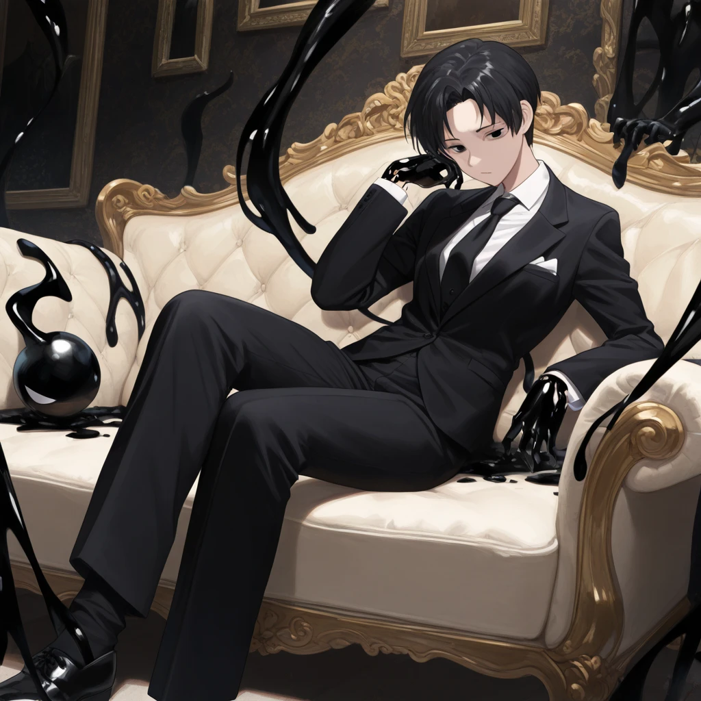 Focus male, monster swallowing, homo, gay, male to male interaction, cross section, tongue licking, orgasm face, forced blowjob, penis, muscle tentacles, four sided tentacles, penis, rape, 27 year old male, short black hair, severely torn He wears a suit, a white shirt and a black tie, semen gushes out of his anus, and a tentacle is inserted into his anus. A large amount of cloudy liquid poured down on his body, and he was restrained by countless tentacles surrounding him.