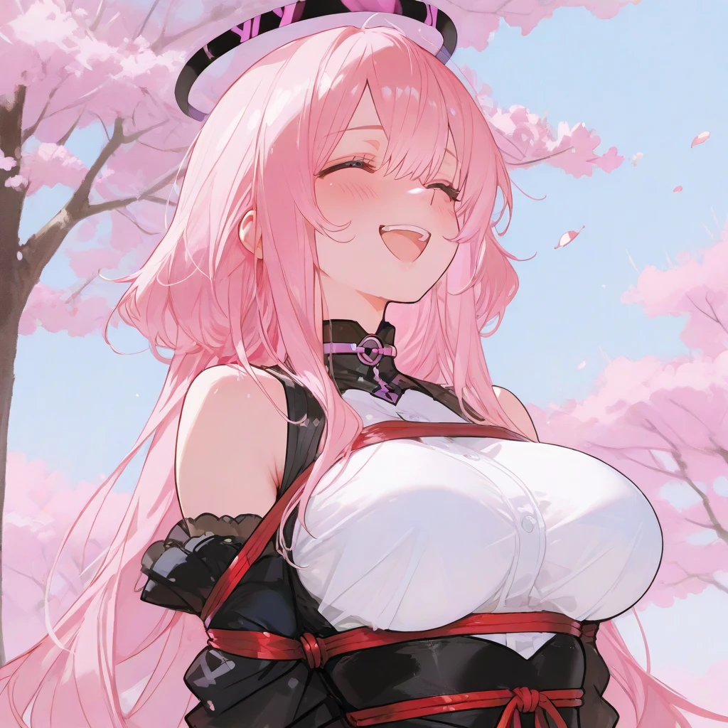 An adult woman, half fox, pink and white ears, pink and white hair, pink eyes, little white and black dress, wide breasts, very happy