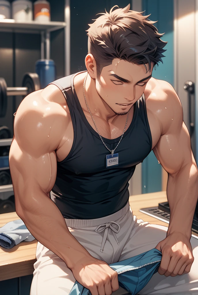 ((highest quality, masterpiece, 4k, finely detailed, detailed eyes, detailed face, intricate details, pixiv, gelbooru)) solo, 1boy, male, masculine, shirtless, workout clothes, sitting on weight bench, sweating, covered in sweat, hairy, muscular, handsome, hair tied in a long ponytail, slight beard stubble, blue eyes, smiling, looking at viewer, gym background