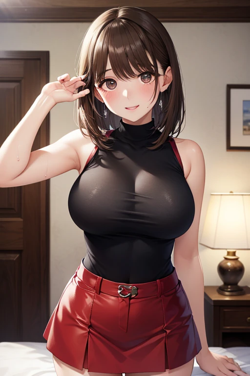 (masterpiece:1.4)、(highest quality:1.4)、ultra high resolution、beautiful features、20 year old woman、brown very short hair、Sports Bra、sportswear、(huge breasts:1.3)、red face、serious expression、locker room
