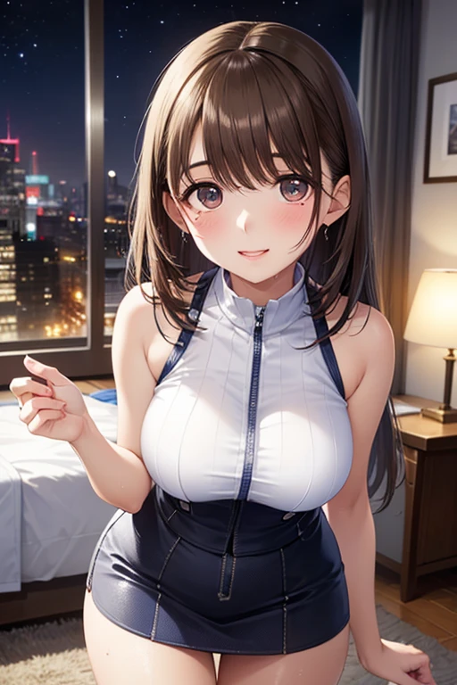 Bewitching anime busty woman in blue suit and tight skirt、Black tights,Inviting look、Show off your chest、Shirt and brown hair,Ecchi anime style, bending forward,Kamimei,Red Light District at Night,neons、Bokeh in the background