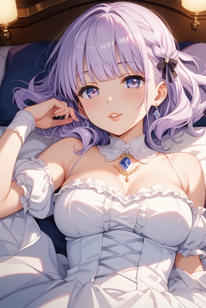 Young princess, slender girl, light purple hair, side ponytail, princess crown, purple eyes, sheer white dress, huge breasts, Middle Ages, gentle smile, sunlight, walking in the castle, lewd