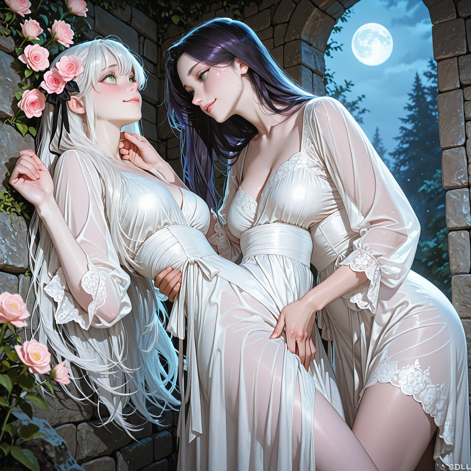 highest quality、masterpiece、8k、Realistic、超High resolution、Very delicate and beautiful、High resolution、Cinema Lighting、medium range shooting、Portraiture、Perfect female body、(Medium breast:1.3)、Opposition、Looking at the audience、((Silver Bob Hair:1.6、Shining by reflecting the moonlight、Deep blue eyeysterious glow reminiscent of a starry sky、Soft contours、Calm expression、Beautiful Lips、Slender and graceful physique、Elegance is more prominent than strength、Sparkling in the moonlight、((Flowing white robes:1.3、Star and moon patterns are woven into the fabric、Symbolizes magical power))、A silver pendant shines around her neck.、Collect magical energy、Always with a calm and gentle smile、Providing comfort to others、A graceful and easy walk、A movement that cuts through the air, (two girls are deeply in love with each other, kiss)