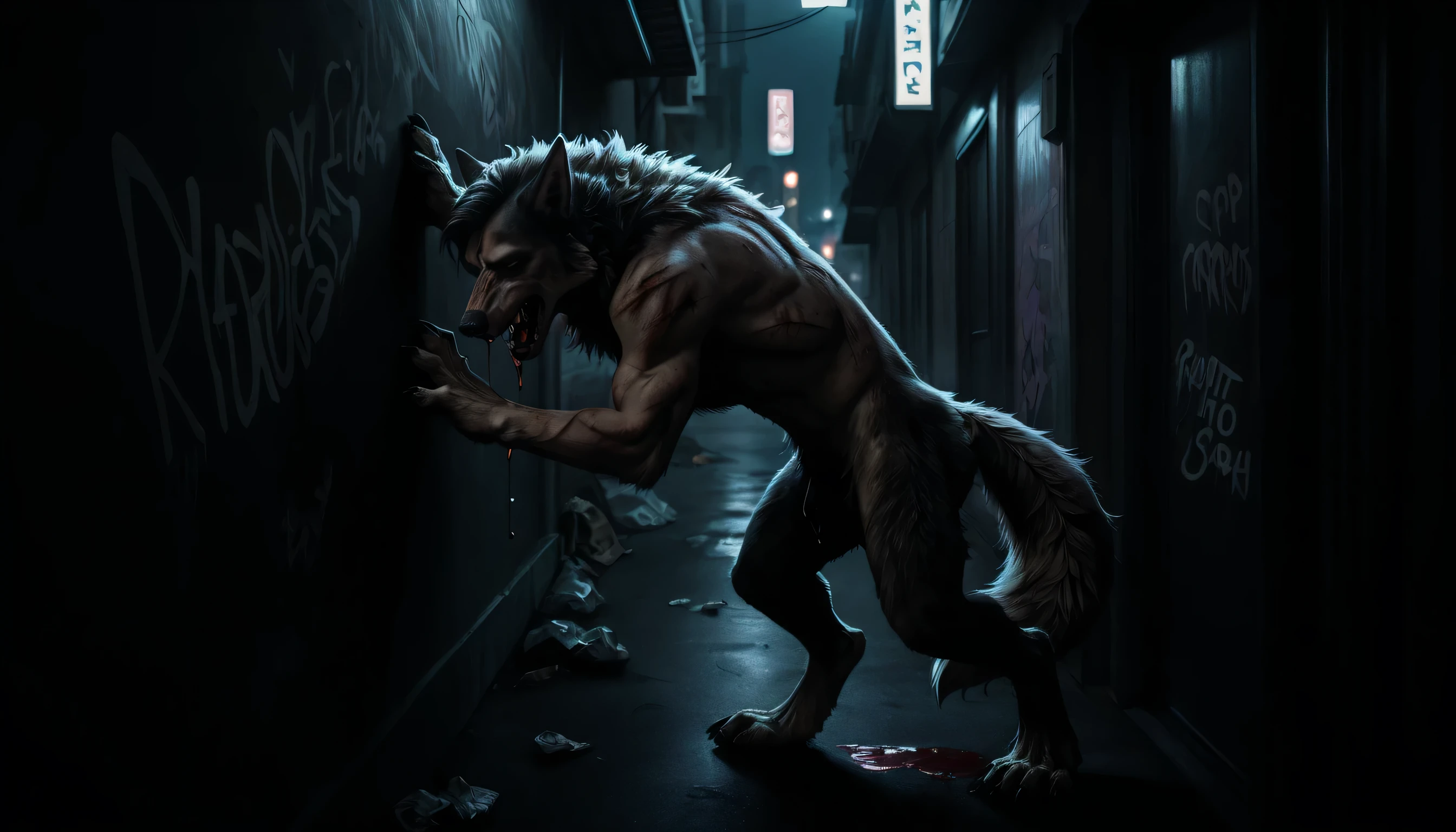paws to mouth, own body, wolf , human morfing into wolf, detailed blond fur, gradual brown fur, big animal toes, darkness, night dramatic, deep shades, city, corner, graffiti, trash around, tattered clothes, scraps, nsfw, scars, wound, scratched, scratch, dripping blood, blood arounds, blood from mouth, bleed scars, bled, Realistic, 4k, 8k, RAW, HDR, UHD, high resolution, hd, full colour, 4k, high definition, sharp focus, smooth, Professional, cinematic, extreme detail, description, masterpiece, best quality,