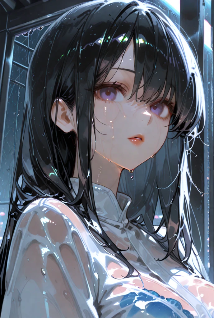 (masterpiece)、(absurdres)、(ultra detailed)、(8k)、solo lady、shiny black hair、shiny purple eyes、short highponytail
、(1white ribbon:1.1)、(Small breast:0.8)、(no sleeve Gothic Dress:1.1)、looking up,looking away:1.1,which can be seen through the window、(wet glitch effect:1.2,)、