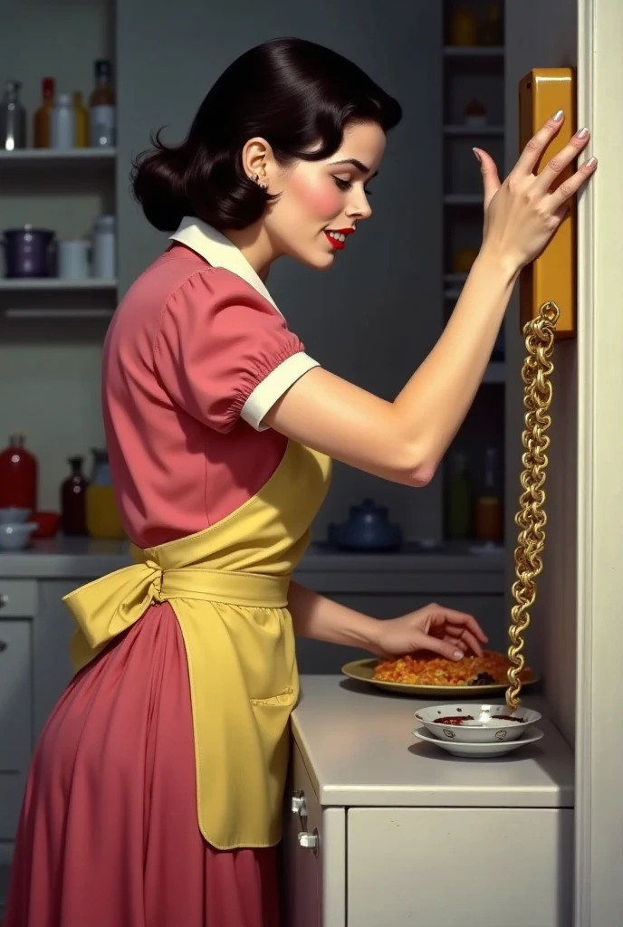 A well-dressed European woman lies on a plate full of spaghetti with tomato sauce attacked with cutlery