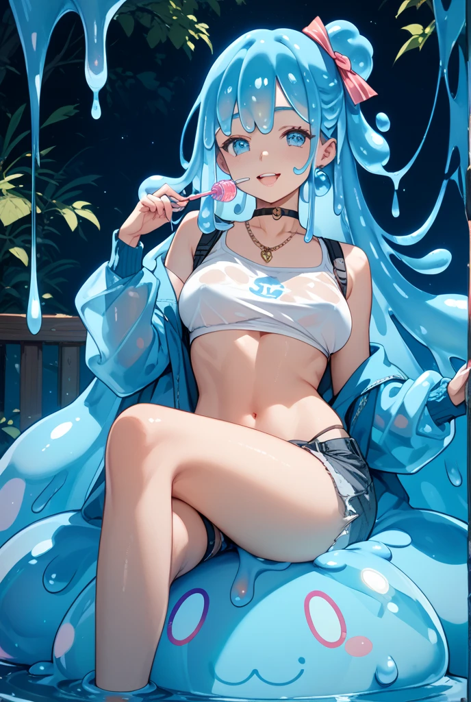 nsfw, hyperphotorealistic, cuteness pop lasciviousness style, colorful melty slime costume lewd melty slime, ahegao, melty slime, wide spread legs, heavenly sunny beach, super detailed drawing